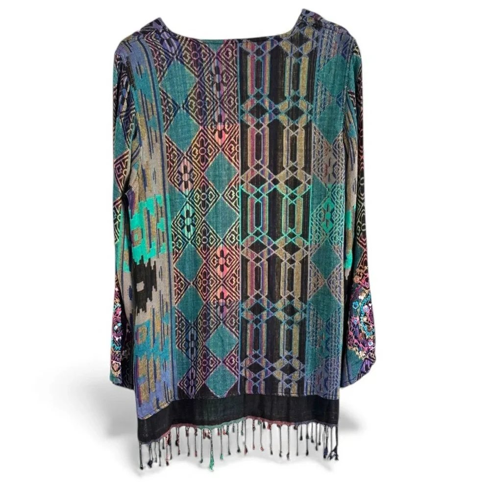 ANU BY NATURAL INDIA FRINGE EMBROIDERED LONG SLEEVED TUNIC TOP SZ L - Picture 3 of 7